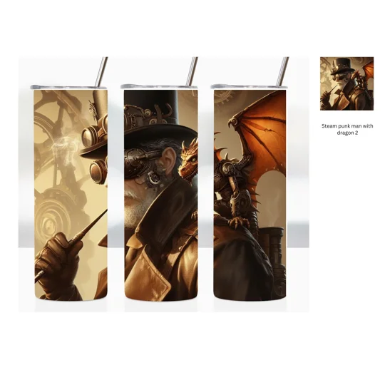 This tumbler features a captivating image of an old man in a top hat and a dragon, creating a unique and eye-catching design that is sure to spark conversations wherever you go.