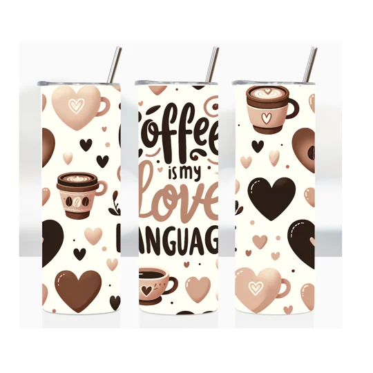 Stylized text reading “Coffee is my love language,” surrounded by illustrated coffee cups and mugs with heart accents in shades of brown, beige, and cream