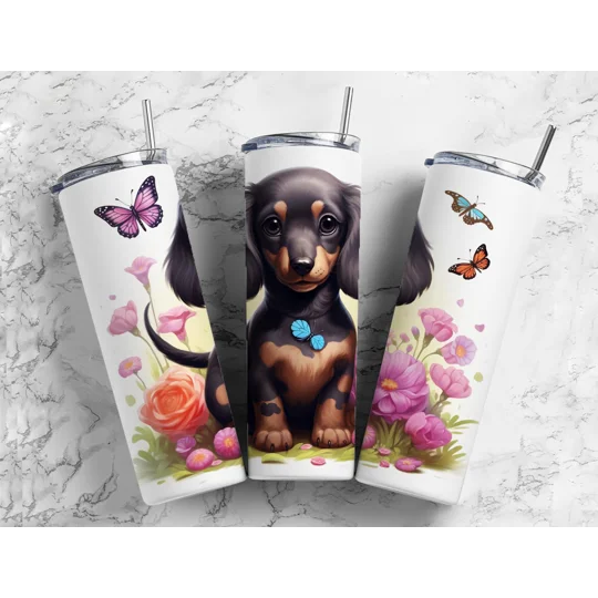 Dachshund Dog with Butterflies and Flowers