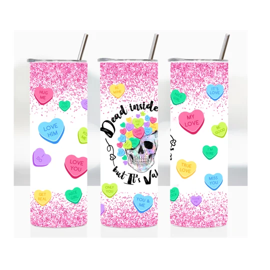A pastel-colored skull decorated with candy hearts sits against a pink glitter background. More candy hearts surround it, each with short Valentine-style messages like “Love You,” “Be Mine,” and “Hug Me.” Above and below the skull, the phrase “Dead inside but it’s Valentine’s” appears in bold lettering