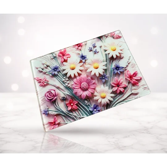 3D Spring Flowers Glass Chopping Board UK - Floral Kitchen Worktop Saver - Personalised Gift