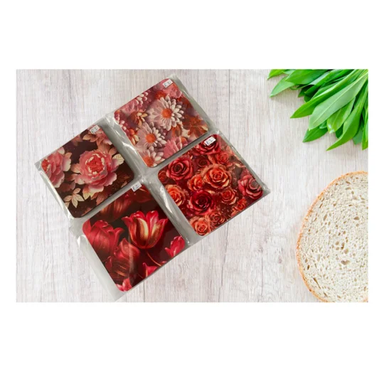 These elegant coasters feature a stunning design of flowers, adding a touch of sophistication to any table setting. Made from cork backed MDF, these coasters are not only stylish but also practical, protecting your surfaces from heat and moisture. The vibrant colours of the flowers, in shades of red, pink, and gold, are sure to brighten up any room and make a statement in your home decor.