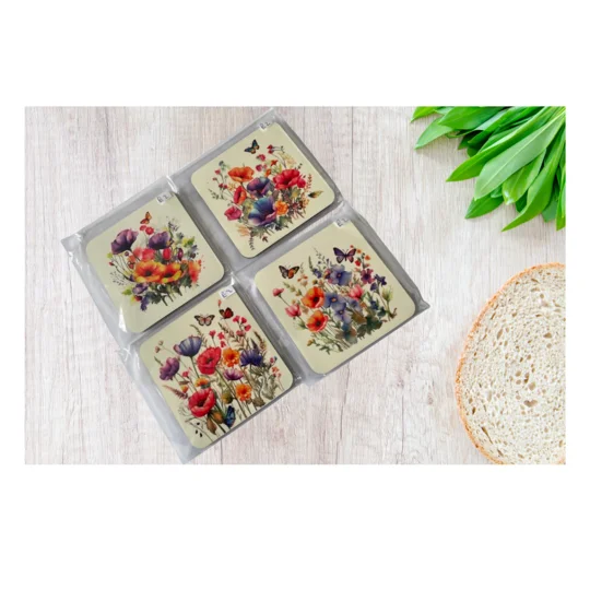 Each coaster is made of high-quality cork backed MDF, ensuring durability and protection for your furniture. The beautiful spring flowers and delicate butterfly printed on each coaster create a serene and inviting atmosphere, making them not only functional but also decorative pieces for your home