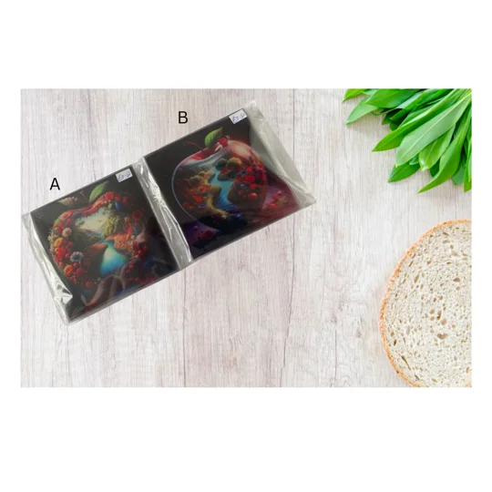 This coaster features a stunning image of a glass apple with a river flowing through a picturesque valley of vibrant flowers.