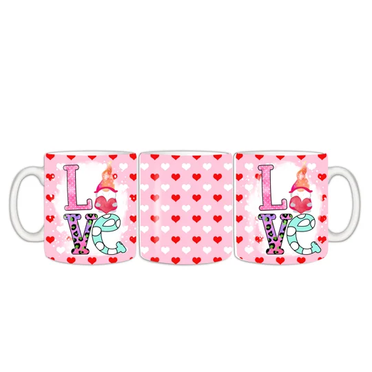 Introducing our 11oz White Ceramic mug, a delightful addition to your Valentine's Day celebrations. This charming mug is adorned with adorable Gnomes, adding a touch of whimsy and cuteness to your morning coffee or tea routine. The design features the word "LOVE" and pink hearts, creating a romantic and festive atmosphere