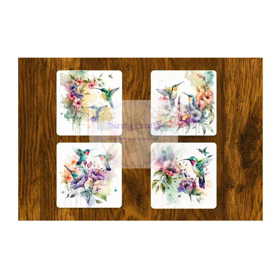 Introducing our exquisite set of Hummingbird MDF Coasters with Cork Backing, designed to add a touch of elegance and functionality to your home decor.