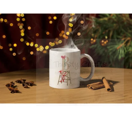 Personalised Christmas Mug UK - Initial with Christmas Elf on steps