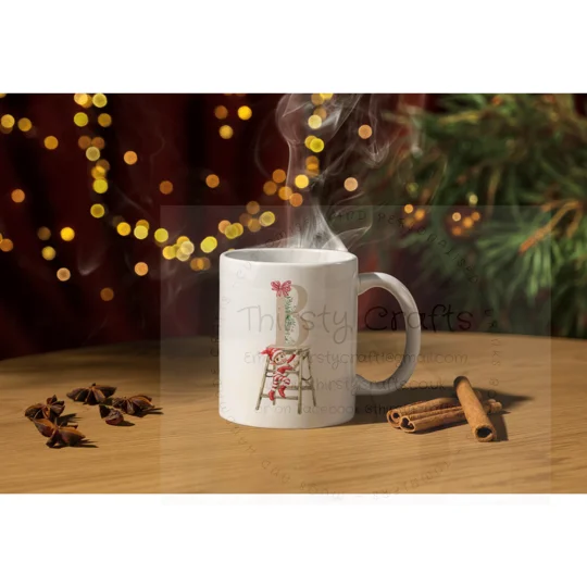 Personalised Mug - Initial with Christmas Elf on steps, UK