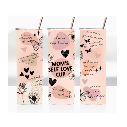 The 20oz Skinny Tumbler is not just any ordinary tumbler; it is specifically designed for moms who prioritize self-love and self-care. With the endearing label "Mom's Self Love Cup," this tumbler serves as a gentle reminder for mothers to take a moment for themselves amidst their busy schedules