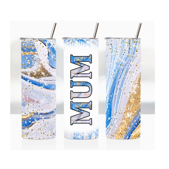 he standout feature of our 20oz Skinny Tumbler is the sublimation printed 'MUM' design, which adds a heartfelt touch to this already exceptional product. The vibrant and eye-catching print is carefully applied using a sublimation process, ensuring that it remains intact even after repeated use and washing. With a blue, gold, pink, and white swirly background
