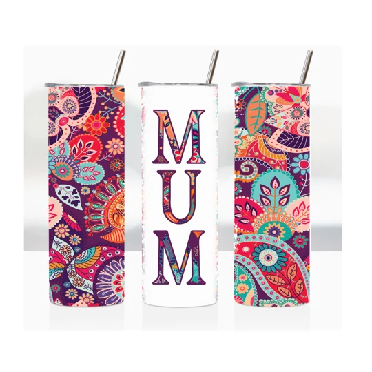 The tumbler features a sublimation printed design that showcases a beautiful maroon paisley pattern, adding a touch of elegance and sophistication to your drinkware collection.