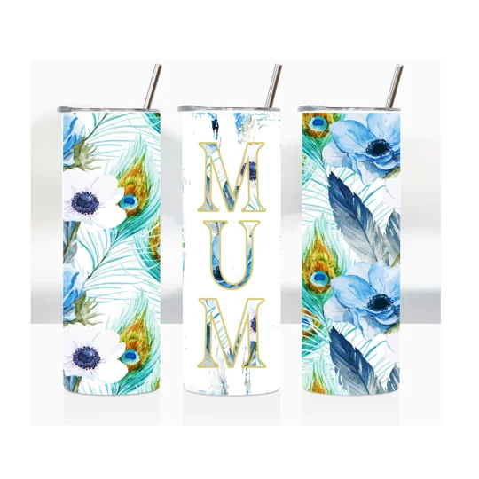 This tumbler features a sublimation printed design called 'Mum' Serene Plume, which showcases the beauty of peacock feathers and delicate white and blue flowers.