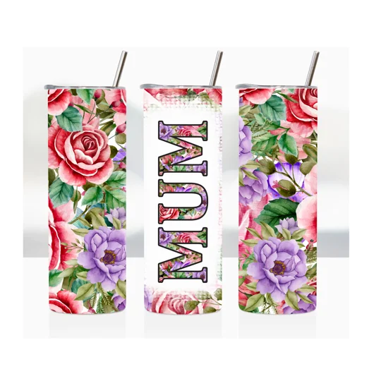 Crafted with utmost care, it features a sublimation printed design that is sure to catch the eye. The 'Mum' - Floral Fusion design on this tumbler showcases a beautiful blend of pink and purple flowers, creating a visually stunning pattern