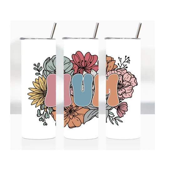 What sets this 20oz Skinny Tumbler apart is its unique sublimation printed design featuring the word 'MUM'.