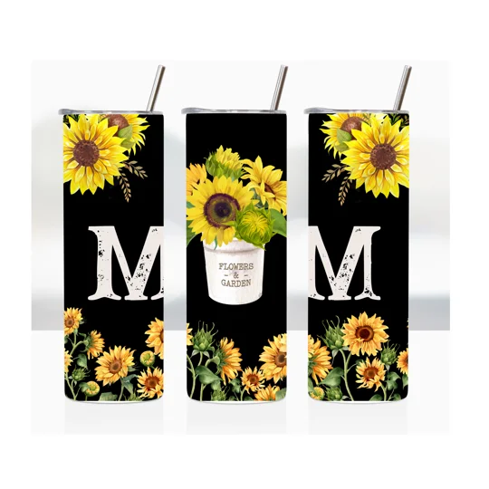 This tumbler features a beautiful image of sunflowers and the word "mum" elegantly displayed on a white bucket
