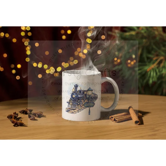 11oz Ceramic Mug. Personalised with name. Image is the polar express