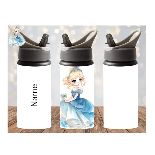 Drink bottlw with image of a blonde Princess in a sapphire coloured dress