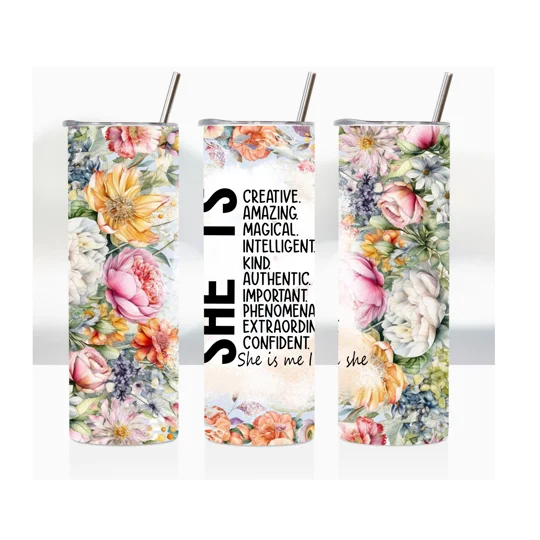 The sublimation printing technique allows for intricate details and a smooth finish, making this tumbler a true work of art. What sets this 20oz Skinny Tumbler apart is the inclusion of 'She is' affirmations and mixed flowers in its design.