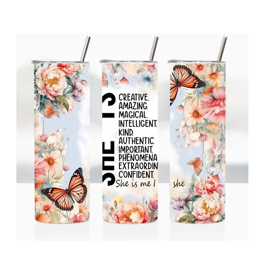 The standout feature of this tumbler is the 'She is' affirmation, which adds a positive and empowering touch to your daily routine. With every sip, you'll be reminded of your strength and resilience. The design of this tumbler is further enhanced with beautiful peach flowers and delicate butterflies, creating a visually captivating and feminine aesthetic