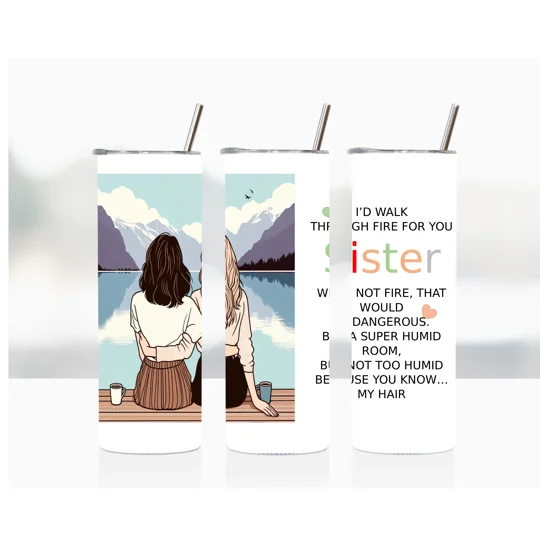 Introducing our 20oz Skinny Tumbler, a stylish and meaningful way to celebrate the bond between sisters. This tumbler features a sleek design and is made from high-quality materials to ensure durability and long-lasting use. With its sublimation printed finish, the words "sister" are elegantly displayed, making it a perfect gift for your beloved sister.