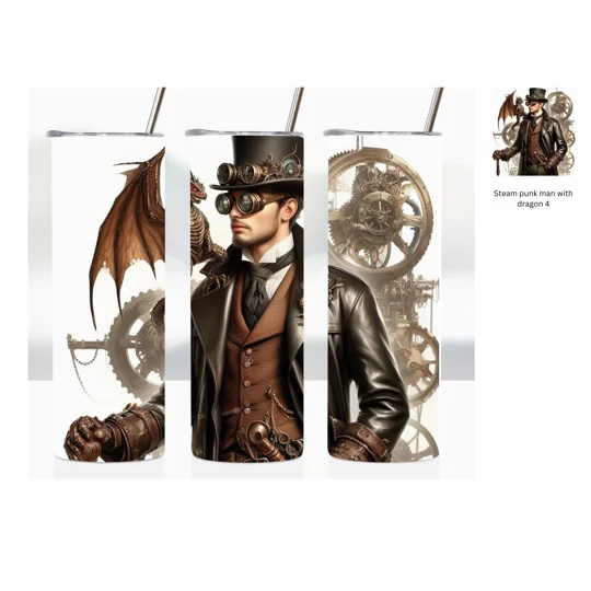 A person dressed in detailed steampunk clothing—including a top hat with goggles, a leather coat, vest, and cravat—stands holding a cane. A small metallic-looking dragon perches on their shoulder. Large interlocking gears fill the background, enhancing the steampunk theme