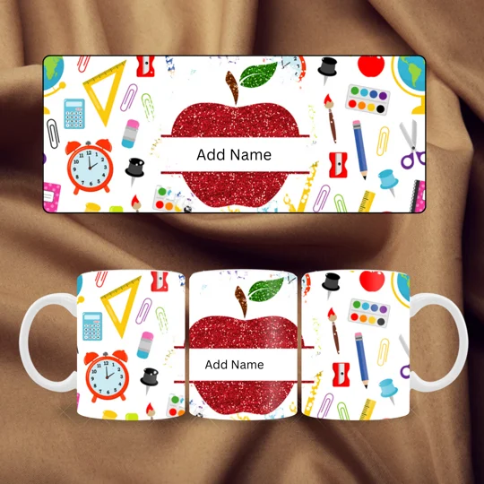 Teachers Mugs Personalised Ceramic Mug UK. Image shows apple with stripe for name and various items found on teachers desks ie paper clips, rulers, erasers