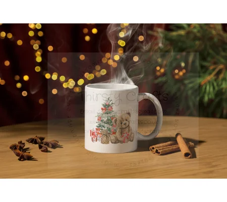 Personalised Christmas Mug UK - Cute Christmas Teddy Bear with his presents under a tree