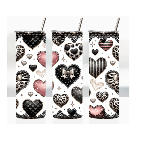 A white background filled with various decorative heart designs, including leopard print, stripes, polka dots, glitter textures, and small bows. The hearts are mainly pink, black, gray, and white, and the top and bottom edges are bordered with ornate lace-style patterns