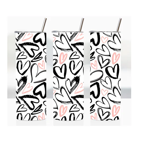 A repeating pattern of black outlined hearts and smaller solid pink hearts arranged in a neat grid on a white background.