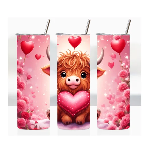 A cute cartoon highland cow with shaggy brown fur sits on a soft pink cloud-like surface, holding a large pink heart with white dots. Red and pink hearts float around it, framed by pink roses, all set against a sparkly pink gradient background