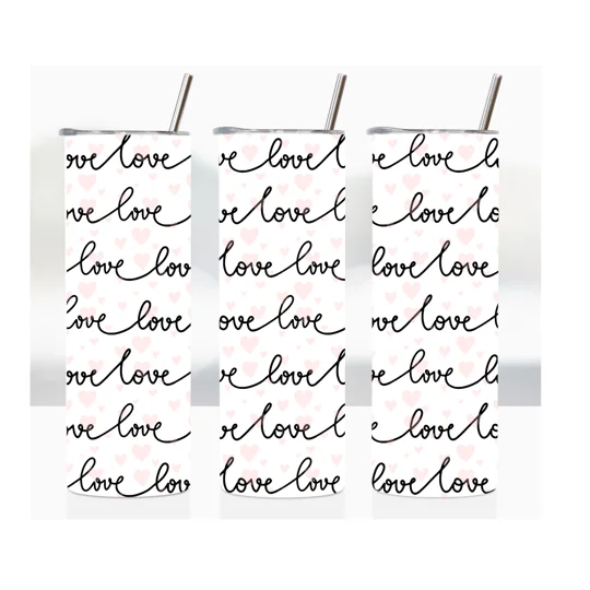 Overlapping the hearts are rows of the word "Love," adding a heartfelt message to the design. This unique combination of patterns and words makes the tumbler a wonderful gift for loved ones or a delightful treat for yourself.