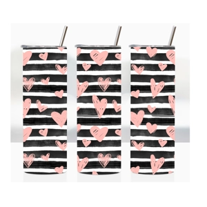 Valentines Pink Hearts on Black and White Stripes