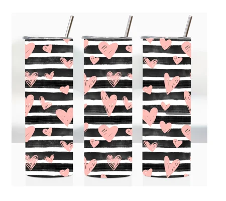 Tumbler Cup UK - Valentines Pink Hearts on Black and White Stripes