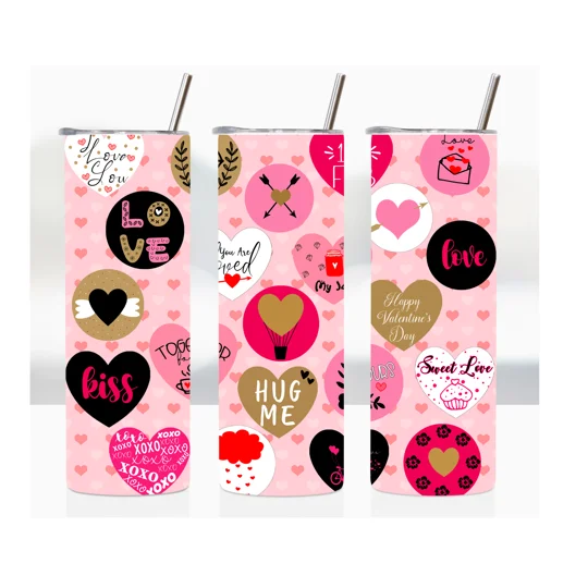 Crafted with high-quality white stainless steel, it features a stunning heat sublimation print of hearts and circles, each adorned with words of love. The intricate design adds a touch of romance and elegance to this tumbler, making it a must-have accessory for your loved one