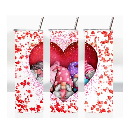 The tumbler features a unique Heat Sublimation print with a Glitter effect background, adorned with a heart in the center showcasing five adorable gnomes. This eye-catching design adds a touch of charm and whimsy to your drinkware collection
