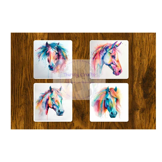 The Horses in Watercolour MDF Coaster Set is a stunning addition to any home decor. Each coaster features a beautiful watercolour painting of horses, capturing their grace and elegance. The set includes four different designs,