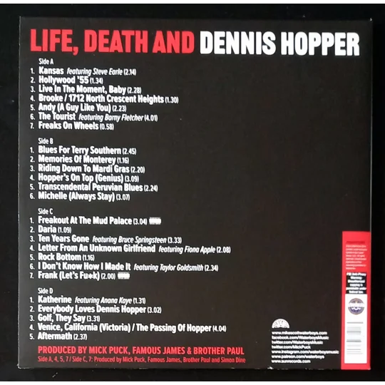 Life, Death & Dennis Hopper is Mike Scott’s ambitious 25-song concept album that traces the life, myth and music of Dennis Hopper. Spanning cinematic folk, blues and rock vignettes, the record features a rollcall of guest artists (including Steve Earle, Bruce Springsteen, Fiona Apple and Taylor Goldsmith) and moves between short, punchy narratives and widescreen arrangements.