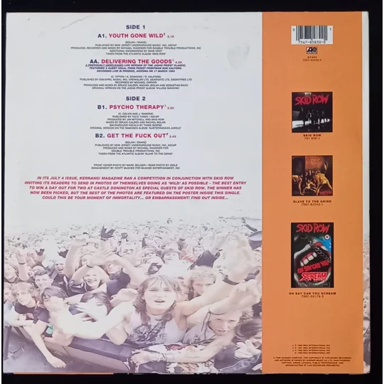 A classic pairing from American heavy rockers Skid Row, this 12″ vinyl single brings together the band’s rebellious anthem Youth Gone Wild with Delivering the Goods, a live cover that captures their raw stage energy.