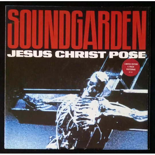 In 1991, Soundgarden released Jesus Christ Pose as the first single from their Badmotorfinger album. This limited edition UK 12″ single (catalogue AMY 862) was issued as a 4-track posterbag,