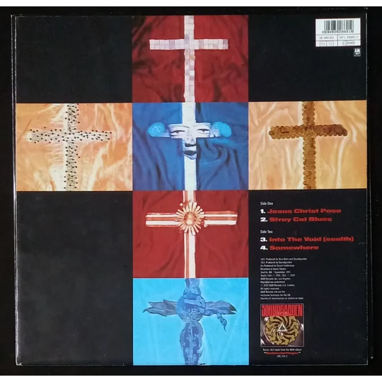 In 1991, Soundgarden released Jesus Christ Pose as the first single from their Badmotorfinger album. This limited edition UK 12″ single (catalogue AMY 862) was issued as a 4-track posterbag,