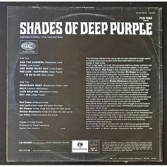 Deep Purple – Shades of Deep Purple original UK pressing is a true gem for collectors. Released in 1968 on the Parlophone label, this first pressing features the distinctive black label with yellow Parlophone lettering—a key identifier for early UK editions.