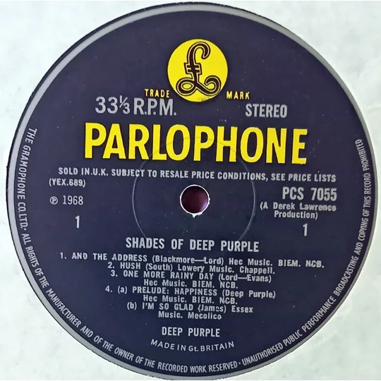 Deep Purple – Shades of Deep Purple original UK pressing is a true gem for collectors. Released in 1968 on the Parlophone label, this first pressing features the distinctive black label with yellow Parlophone lettering—a key identifier for early UK editions.