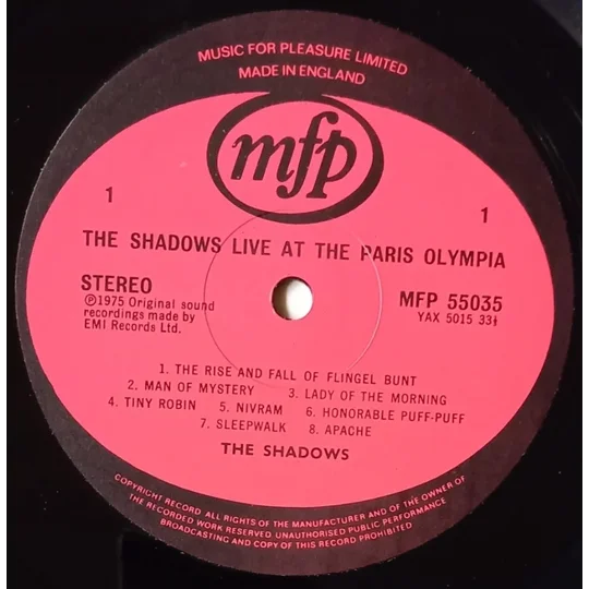 The Shadows - Live Double Album record label