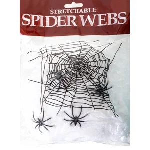 Stretchable White Spider Web Halloween Decoration with 2 Spiders - Cob webs