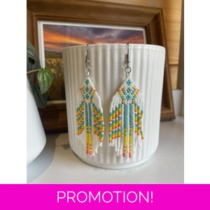 Handmade beaded earrings in shades of pastels and white, featuring an intricate geometric pattern and long fringe design. The earrings hang from silver hooks and are displayed against a textured white ceramic background