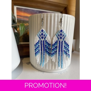 Handmade beaded earrings in shades of blue and white, featuring an intricate geometric pattern and long fringe design. The earrings hang from silver hooks and are displayed against a textured white ceramic background