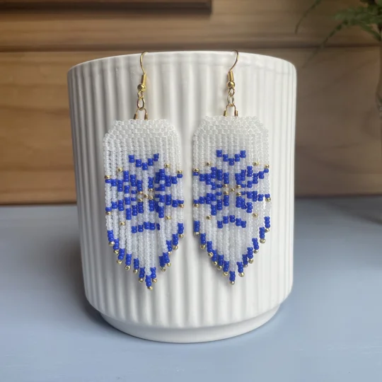 Add festive cheer to your style with our handcrafted Christmas earrings in classic frosted white and navy blues.