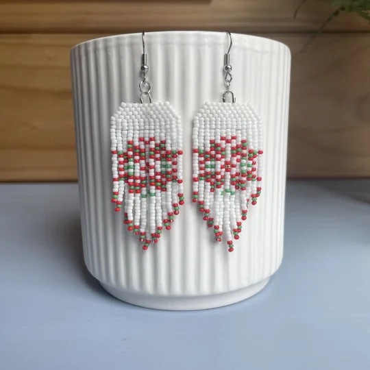 handcrafted Christmas earrings in White, Green, and Red - Poinsettia flower