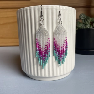 Cascading beaded earrings - frosted white, turquoise, and magenta