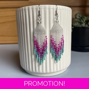 Cascading beaded earrings - frosted white, turquoise, and magenta
